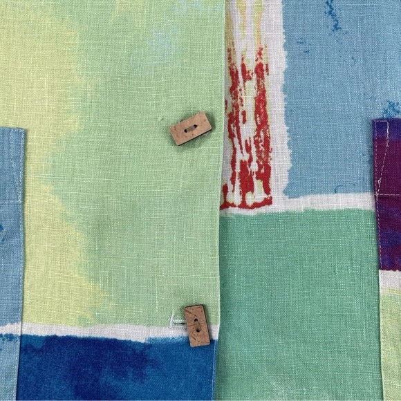 Ali Miles Green Blue Artsy Print Blouse Linen Lagenlook Button Front Top Size XL - Picture 6 of 11